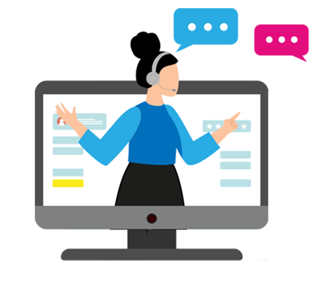 Icon eines PCs mit Grfaik einer Dame mit Headset und grafische Sprechblasen